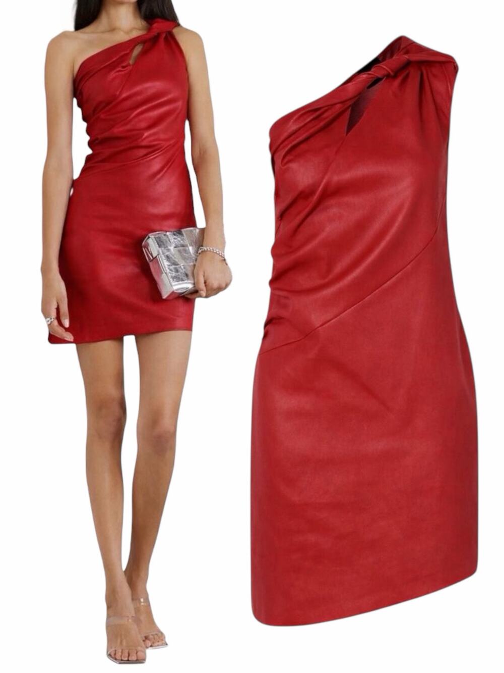 Givenchy One Shoulder Cutout Lamb Leather Mini Dress Red Size 36/ US 4